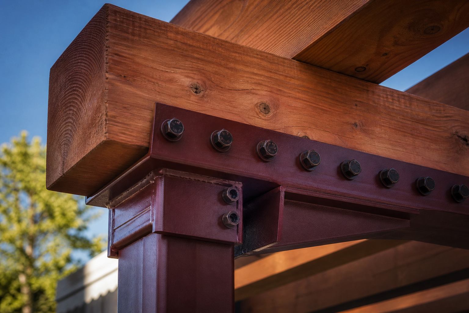 Bolted steel knife plate connecting a heavy timber beam