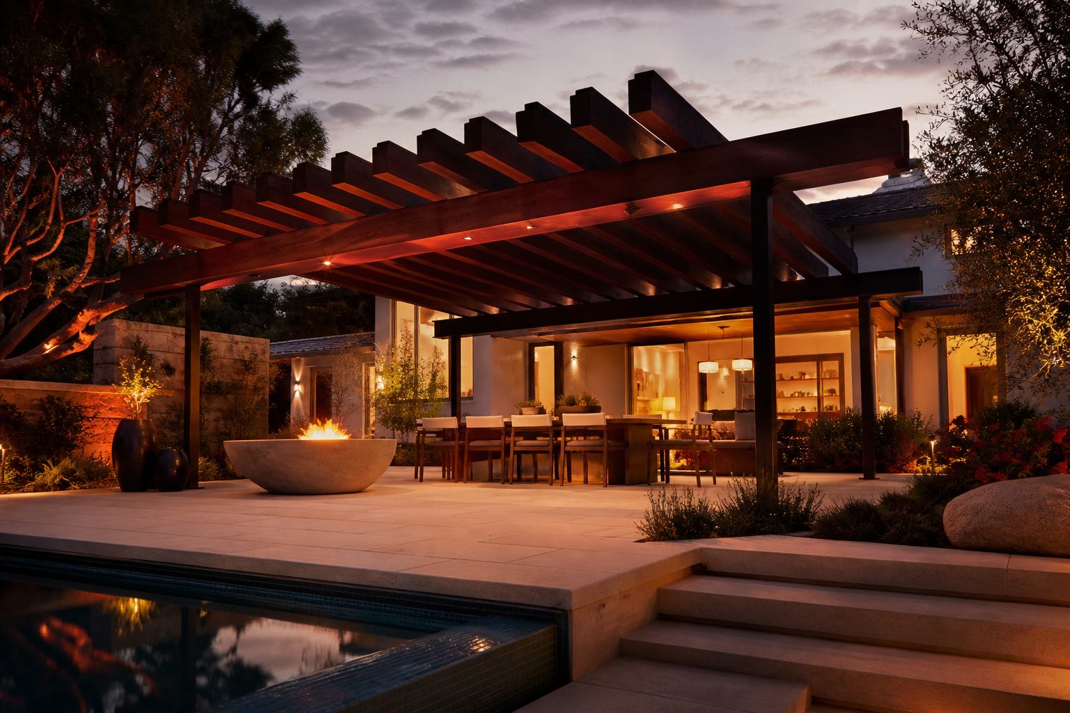 Timber-and-steel pergola over a limestone patio beside a pool at dusk